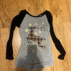 Plaid Reindeer Long Sleeve Tee - Gray and Black